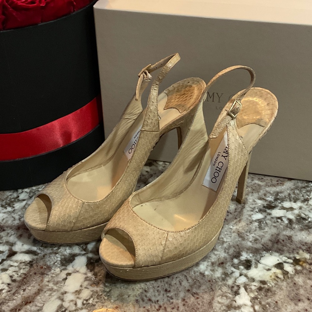 Jimmy Choo Beige Textured Slingback Heels